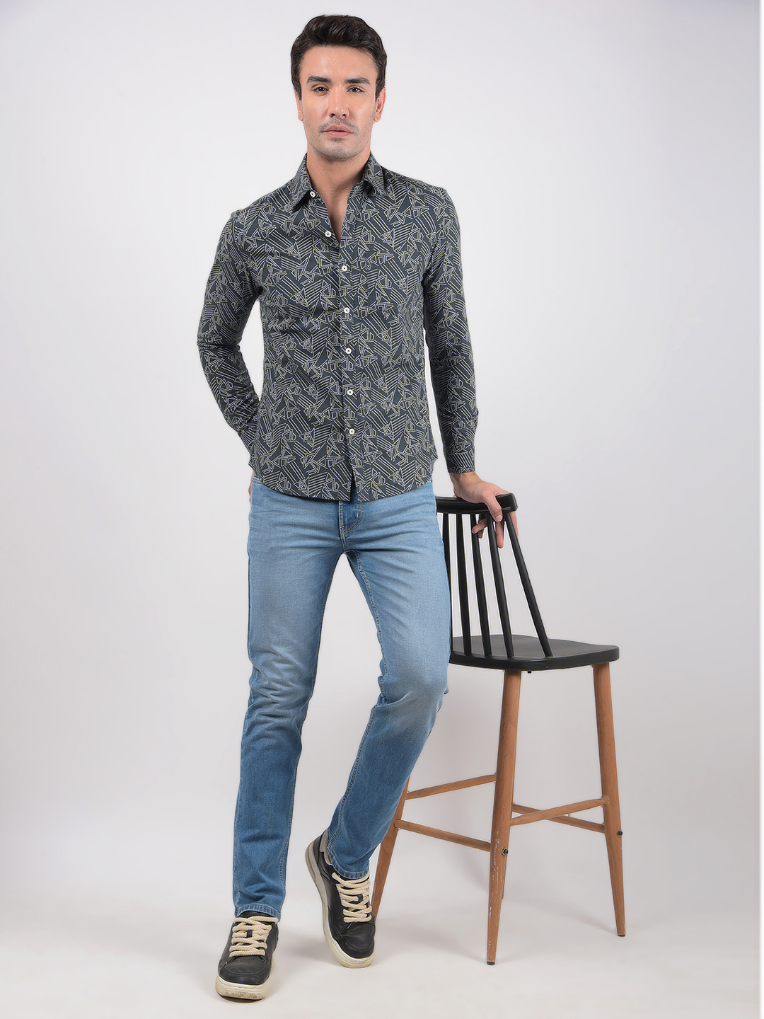Numero Uno Men Geometric Print Grey Shirt
